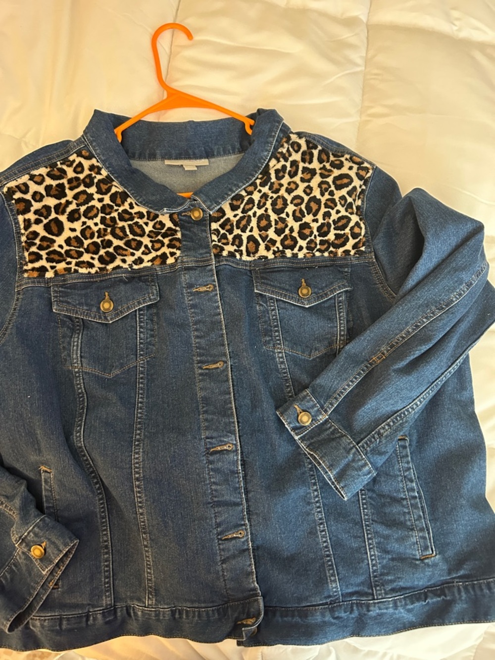 Woman Within Dark Blue Denim Jacket with Leopard Print Yoke